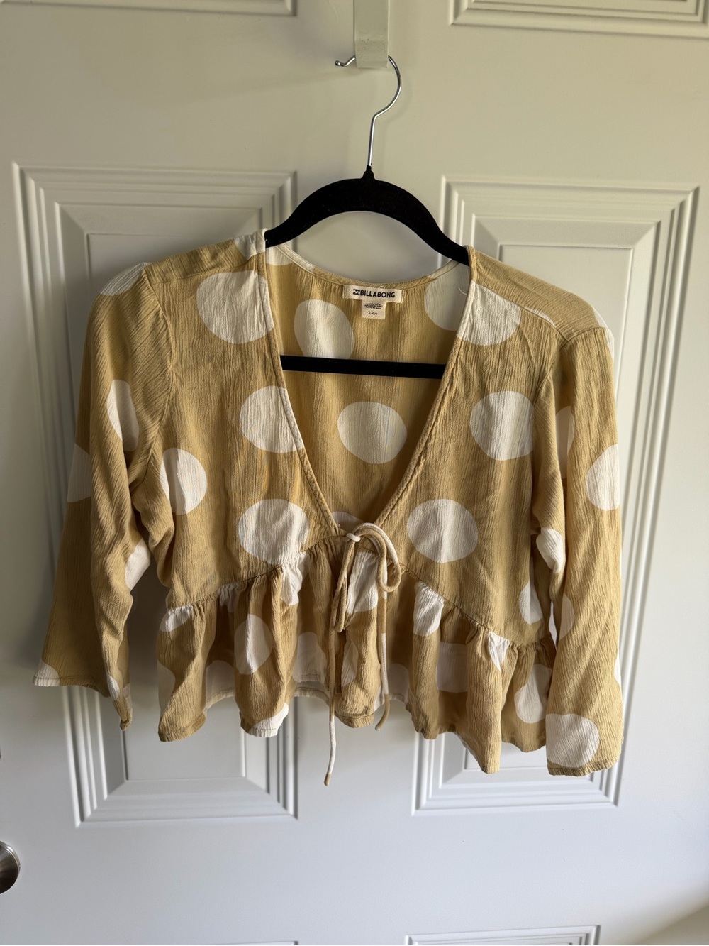 Billabong Tan and White Polka Dot Tie-Front Peplum Top size large